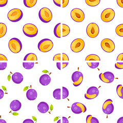 Seamless pattern with whole and halved plums showing the pulp and the pit