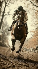 Naklejka premium Jockey and horse race powerfully, dirt flying.