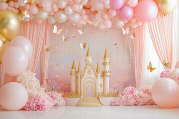 Golden princess castle in pink rainbow sky with decorations