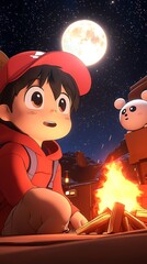 Child by campfire, starry night