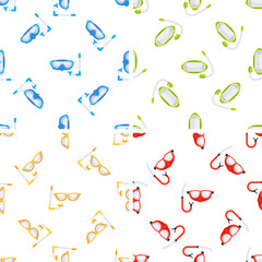 Colorful diving masks and snorkels forming a seamless pattern on white background