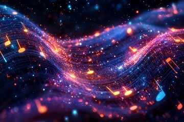 Fototapeta premium Music notes forming an intricate lattice of glowing threads in space, symbolizing the interconnectedness of sound and the cosmos
