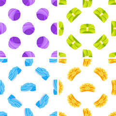 Colorful wool yarn balls and folded knitwear seamless pattern set