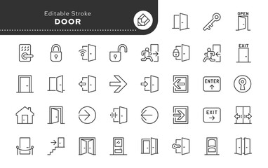 Door line icon set. Open, closed and smart door, enter, exit, padlock, lock and key and more. Outline vector icon in linear style. Pictogram collection