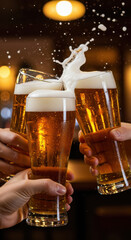 Hands clinking glasses of lager beer with foam splash overflowing, cheerfully celebrating in pub, bar. Perfect for Oktoberfest, St. Patrick's Day, festive parties, beer promo. Copy space