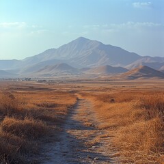 Obraz premium Serene path winds towards majestic mountains.