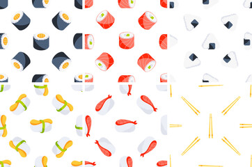 Seamless pattern set featuring various sushi rolls, nigiri, onigiri, and chopsticks, celebrating Japanese cuisine