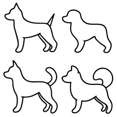 Simple Dog Outlines: Line art illustrations of four different dog breeds, perfect for graphic design projects, representing the diversity of canine companions.