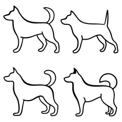 Canine Companions: A minimalist illustration showcases four diverse dog outlines, ideal for graphic design, educational materials, and playful branding elements. 