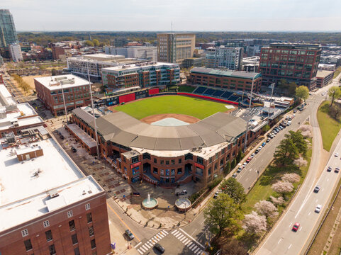 March 28, 2024: Durham, NC, USA - Stock Drone Images of the Durham Bulls Athletic Park in Downtown Durham North Carolina on a Sunny Day: Sports, Cityscape, Tourism