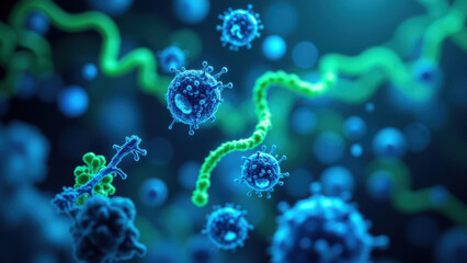 Microscopic view of Nicotinamide Adenine Dinucleotide (NAD+) supplements in a vibrant blue and green pattern.