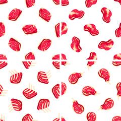 Seamless pattern showing various cuts of lamb and beef, celebrating meat and butchery