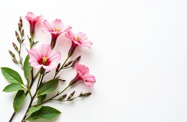 AI generated red campion flowers. Pink blossoms on white background. Delicate wildflowers with green leaves, stems. Summer floral design. Botany nature bloom. Close-up view of beautiful plants.