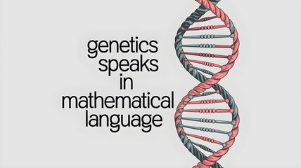 A stylized diagram of a DNA double helix with pink and gray-green colors. On the left is text in large black letters that says "genetics speaks in mathematical language."