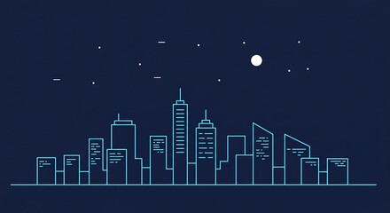 Cityscape Outline at Night with Moon and Stars Minimal Design