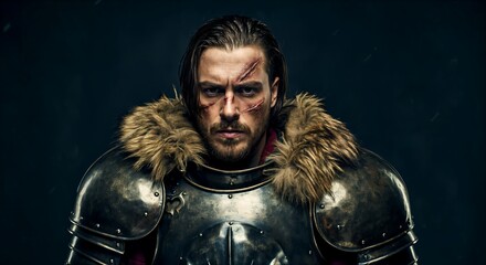 Intense portrait of a young caucasian male warrior in armor with scars and fur accents
