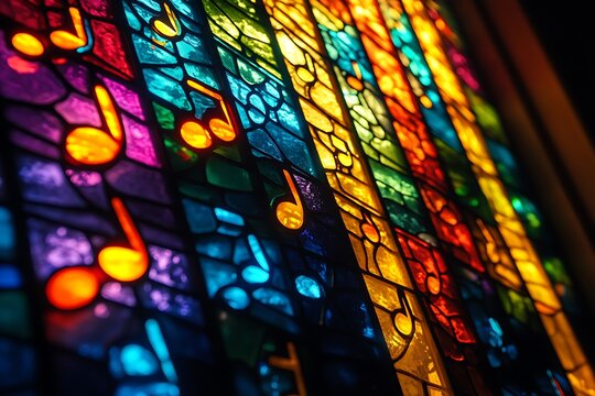 Music notes forming the pattern of a beautiful stained-glass window, merging melody with colorful light