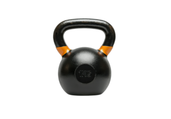A floating kettlebell with a rubber-coated handle, on a solid white background