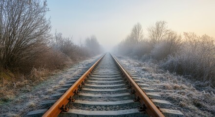 Fototapeta premium Frosty railway tracks extending into misty horizon, tranquil winter landscape