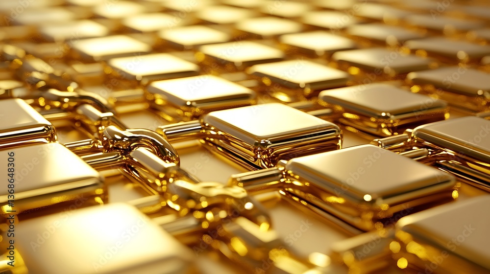 Poster golden interconnected squares, suggesting digital network or futuristic technology. a grid pattern o
