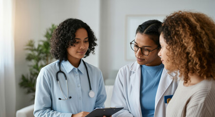 Fototapeta premium Young female professionals discussing medical report in office setting