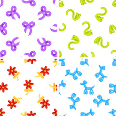 Colorful balloon animals and flowers seamless patterns decorating a festive white background