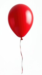 Single bright red balloon with ribbon on white background. Festive decoration for birthday party, anniversary celebration, event. Symbol of joy, childhood fun. Isolated object, simple design with