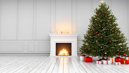 Fototapeta premium Cozy living room with fireplace and decorated christmas tree in holiday setting