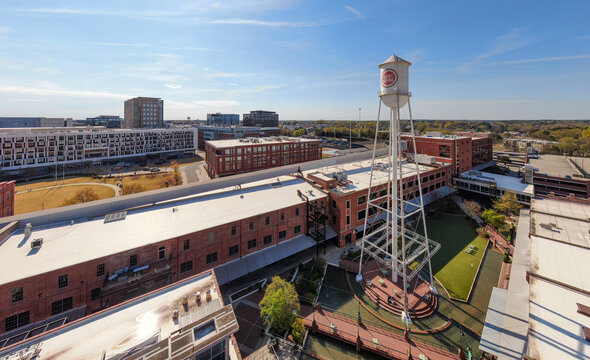 March 28, 2024: Durham, NC, USA - Stock Drone Images of the Durham Bulls Athletic Park in Downtown Durham North Carolina on a Sunny Day: Sports, Cityscape, Tourism