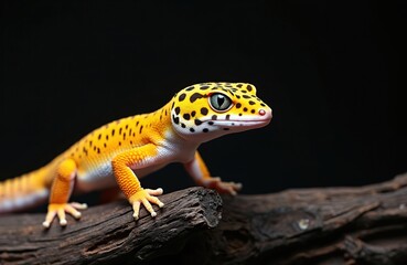 Fototapeta premium Leopard gecko isolated black background. Exotic reptile with yellow body black spots, sitting on wood. Tropical pet animal close-up, detailed skin texture. Wildlife, fauna nature, cute lizard,