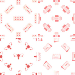 Seamless pattern with calendar, sanitary pads, pills and uterus symbolizing menstruation