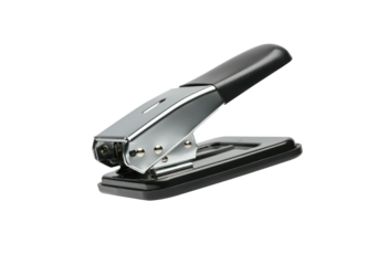 A floating paper puncher with its handle visible, on a solid white background