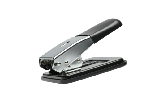 A floating paper puncher with its handle visible, on a solid white background