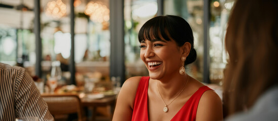 Joyful hispanic young female in elegant red dress at restaurant gathering