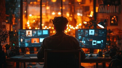 Obraz premium Nighttime video editor works dual monitors
