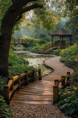 Obraz premium Serene garden path leads to tranquil gazebo.