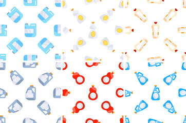 Cleaning product bottles forming a seamless pattern on white background