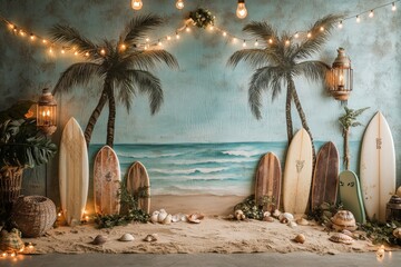 Tropical beach backdrop with vintage decorations and surfboards