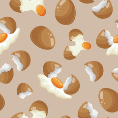 seamless pattern with various chicken eggs, namely with broken eggs, eggshells and an egg that spreads on a brown background, for various advertising banners and advertisements
