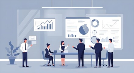 Obraz premium Flat vector illustration of business teamwork, featuring professionals analyzing data and charts in a digital workspace. Perfect for presentations.