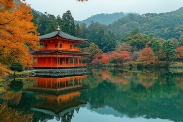 Obraz premium Serene autumn pavilion reflected in still water