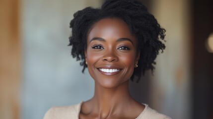 Woman smiling confidently in a well-lit indoor setting during the day showcasing natural beauty and charm