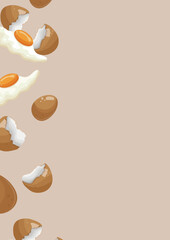 poster with icons of a broken, spilled chicken egg with a whole yolk with shells and a fried egg on a brown background, for various designs