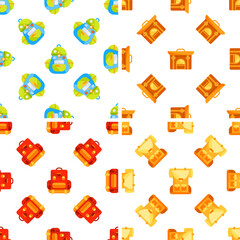 Seamless pattern with colorful backpacks and travel bags for camping and hiking