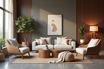 Fototapeta premium Elegant and Modern Interior Design with Neutral Colors, Minimalist Aesthetics, and Cozy Living Room Décor Ideas