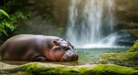 Fototapeta premium Baby hippo resting by waterfall in lush jungle setting
