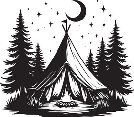"Rustic Camping Silhouettes - Tent & Campfire Night Vector Illustrations"