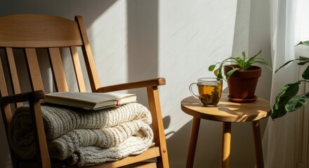 Cozy reading nook with wooden chair, book, cup of tea, and plant bathed in sunlight