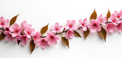 Creeper with pink spring flowers on white background. Nature floral elements bloom, botanical design for spring or summer season projects. Delicate blossom, fresh and vibrant look.