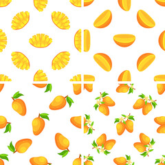 Seamless pattern with fresh mango fruit, slices, flowers and leaves showing different stages of ripeness